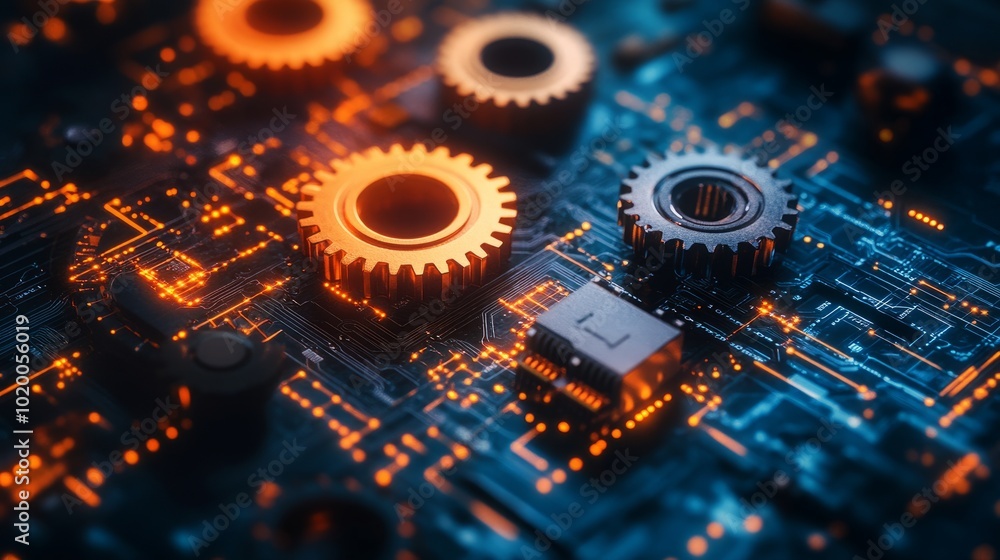 Poster close-up of mechanical gears merging with circuitry, symbolizing the integration of technology with 
