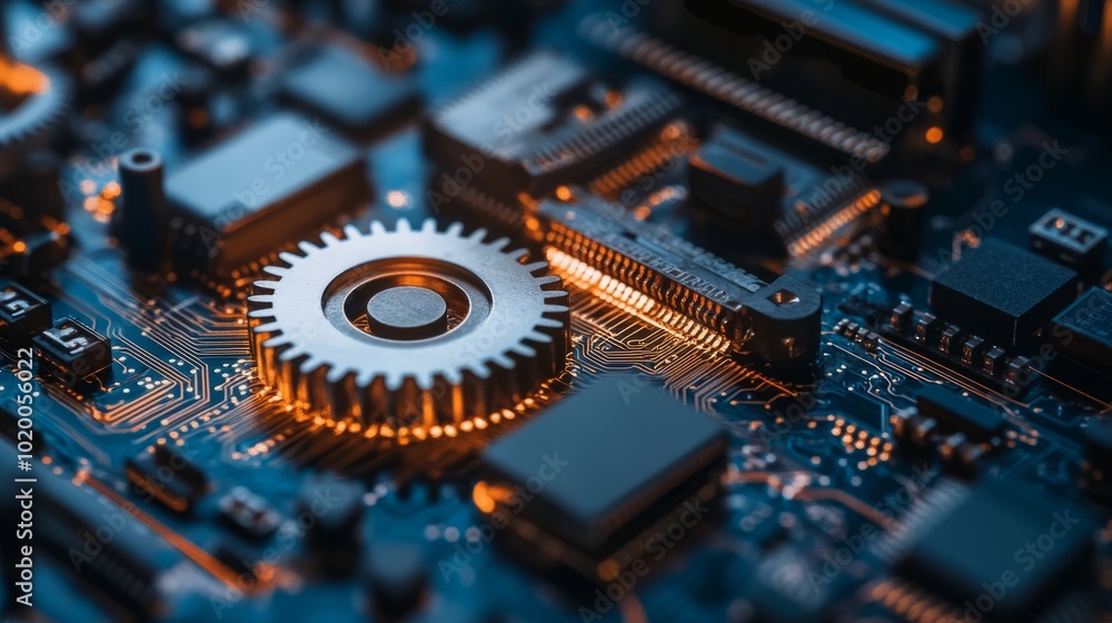 Poster close-up of mechanical gears merging with circuitry, symbolizing the integration of technology with 