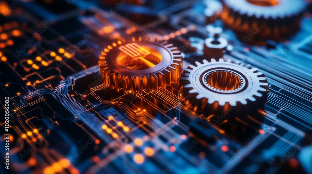 Poster close-up of mechanical gears merging with circuitry, symbolizing the integration of technology with 