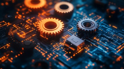 Close-up of mechanical gears merging with circuitry, symbolizing the integration of technology with business operations.