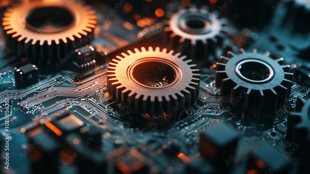Poster digital gears blending with computer circuitry, symbolizing seamless collaboration between business 