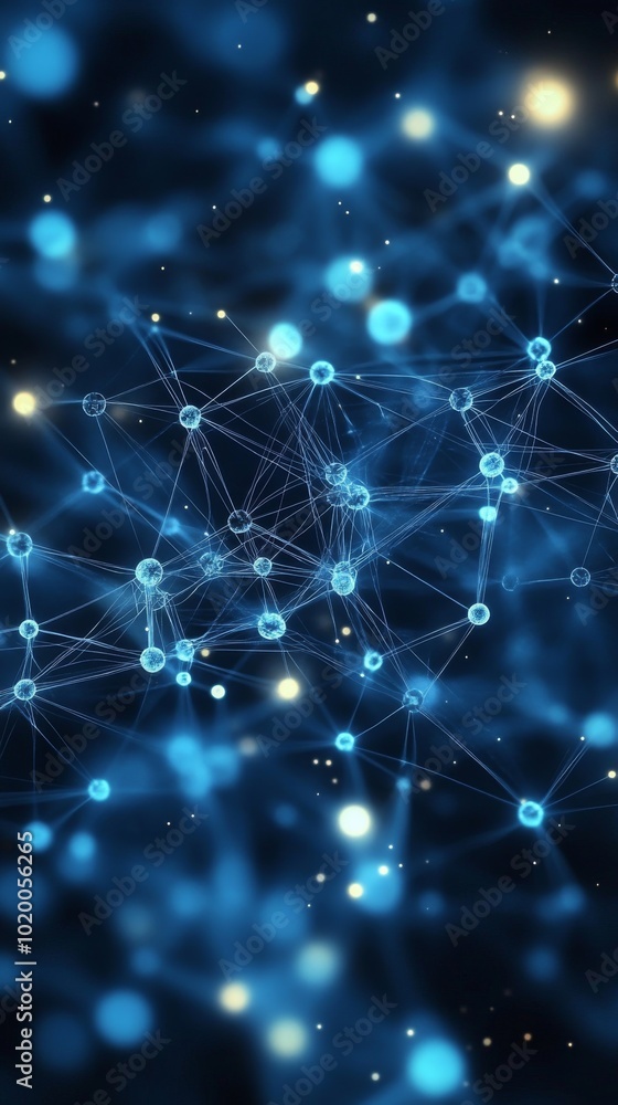 Poster an intricate display of blue and white nodes connected by thin lines creates a dynamic network patte