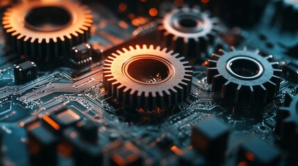 Digital gears blending with computer circuitry, symbolizing seamless collaboration between business operations and technology.