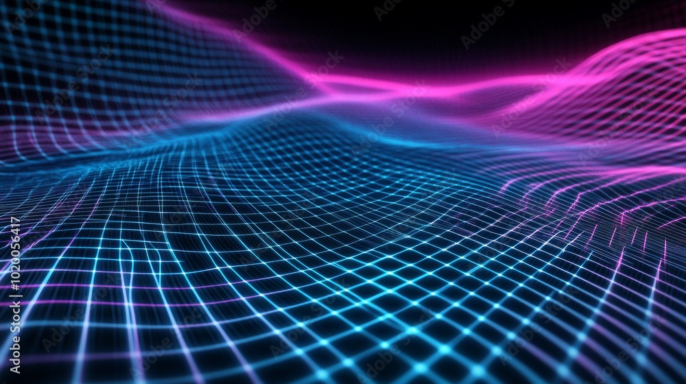 Poster exploring a vibrant virtual landscape with a grid pattern in the metaverse
