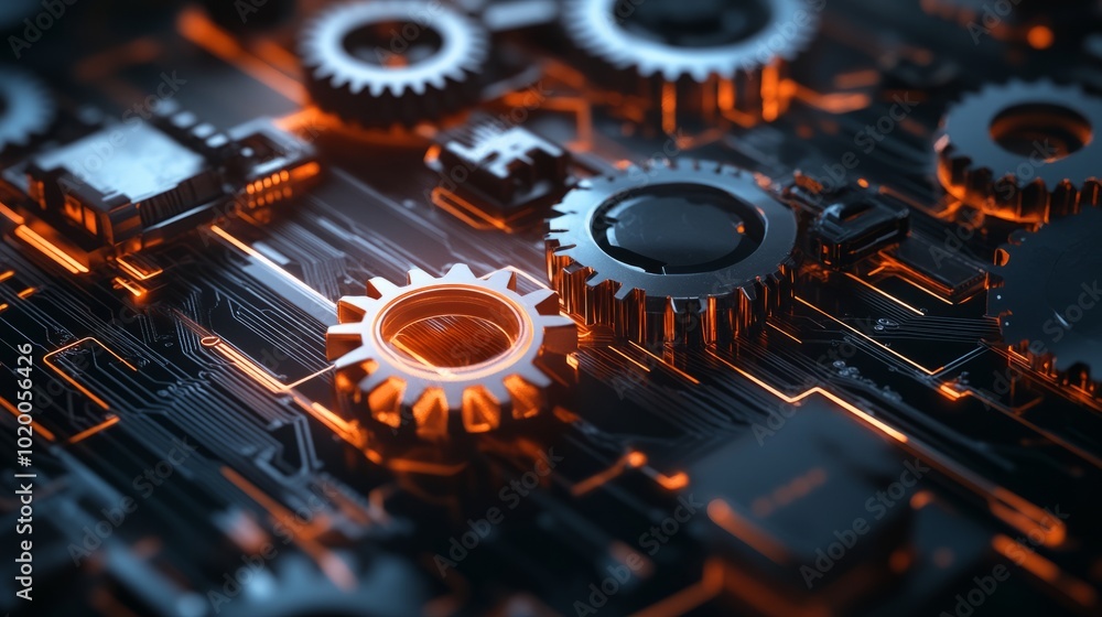 Poster gear mechanisms overlaid with digital circuit patterns, symbolizing the harmonious connection betwee