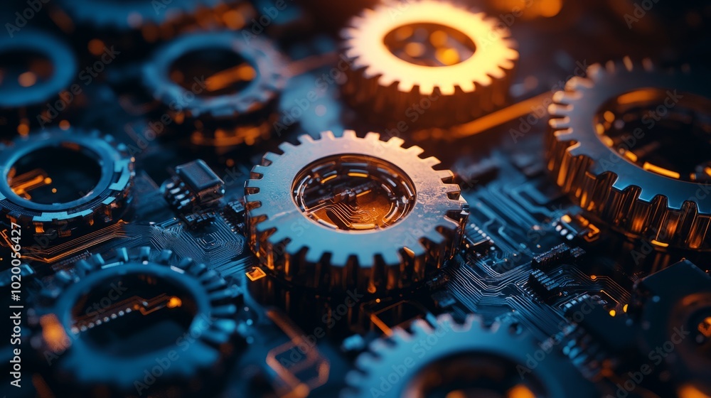 Poster gear mechanisms overlaid with digital circuit patterns, symbolizing the harmonious connection betwee
