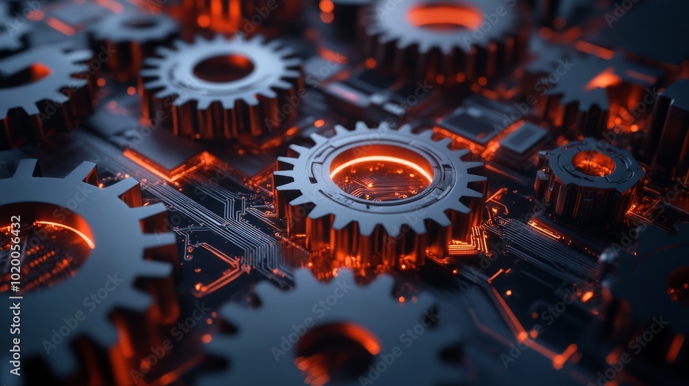 Poster digital gears blending with computer circuitry, symbolizing seamless collaboration between business 