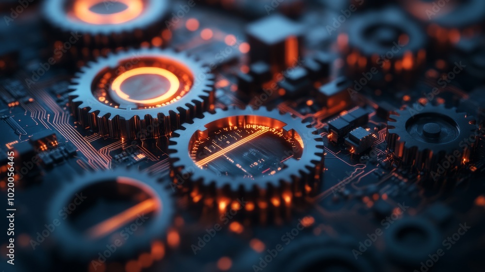 Poster gear mechanisms overlaid with digital circuit patterns, symbolizing the harmonious connection betwee