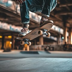 Skateboarder mid-air over skate park ramp.