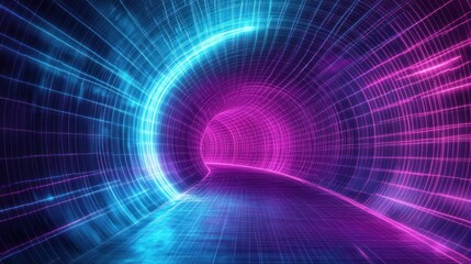 Obraz premium 3D wireframe tunnel, glowing in neon blue and purple, giving the sense of infinite depth and futuristic design.