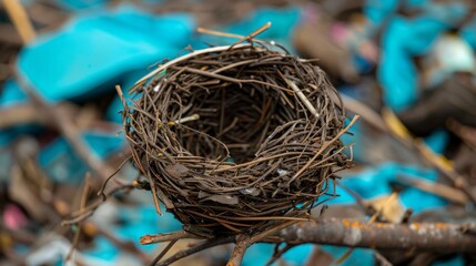 Plastic Waste Nest Among Natural Materials