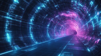 Obraz premium 3D wireframe tunnel, glowing in neon blue and purple, giving the sense of infinite depth and futuristic design.