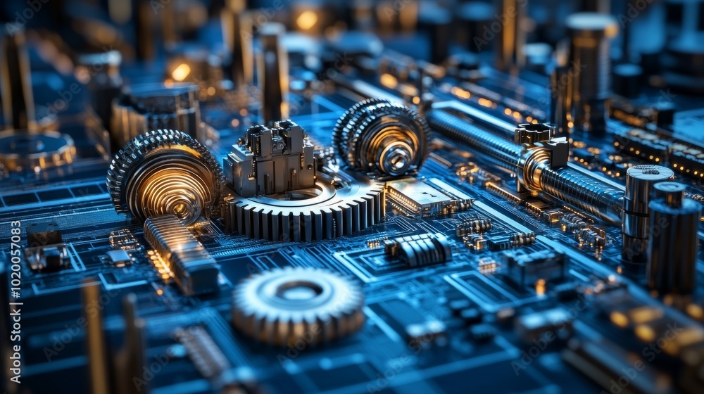 Poster industrial gears merging with electronic circuitry, demonstrating the integration of technology into