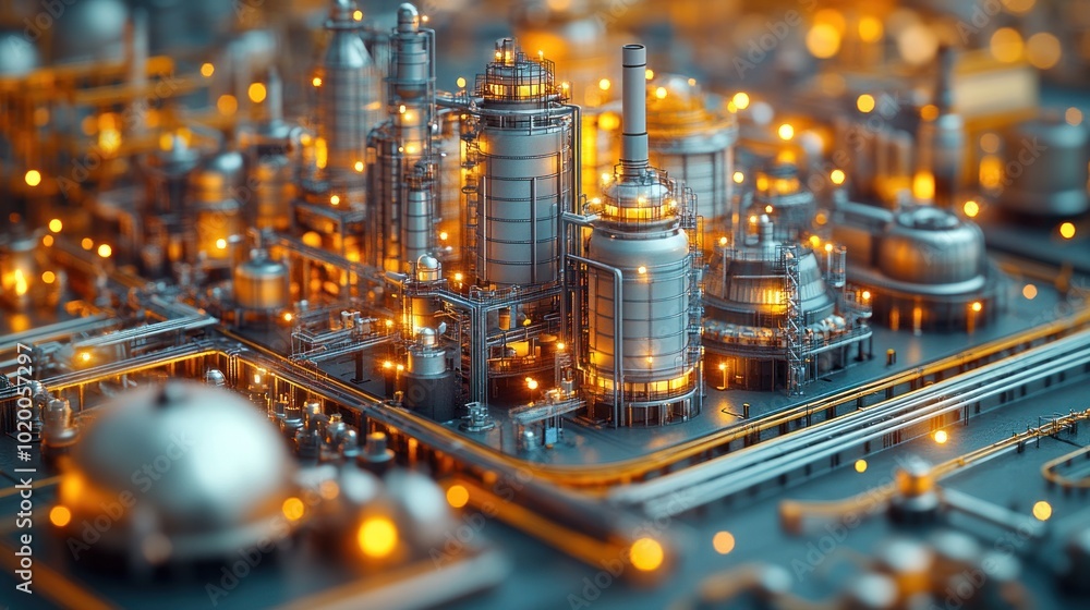 Poster industrial complex with glowing elements and intricate structures.