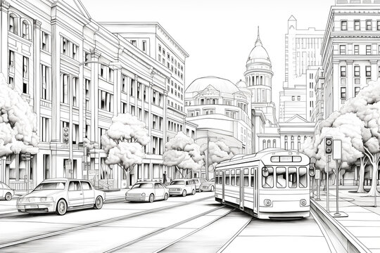 Black and white clean coloring page for adults, street shot of downtown, Moscau