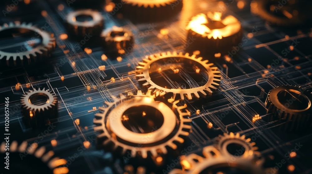 Poster mechanical gears surrounded by intricate circuit lines, representing the convergence of traditional 