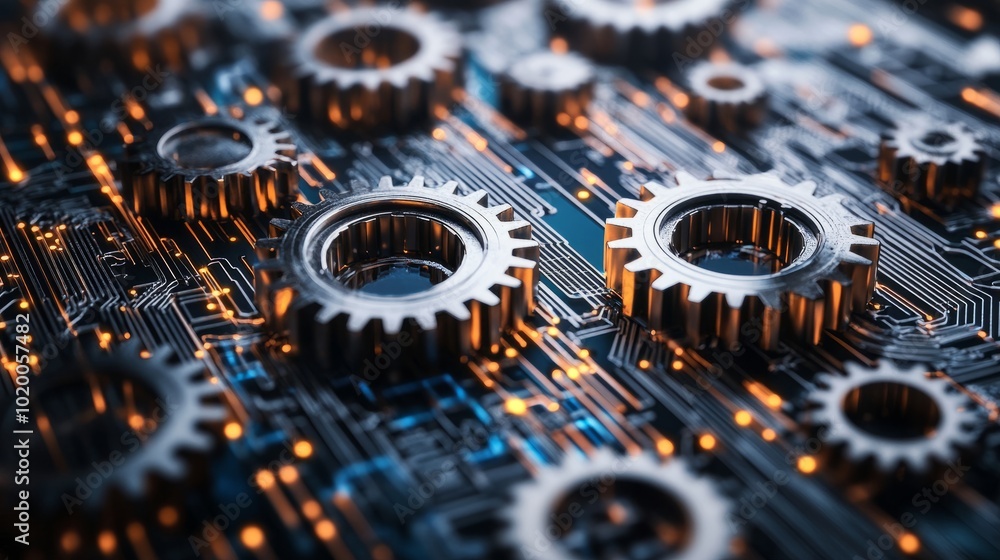 Poster mechanical gears surrounded by intricate circuit lines, representing the convergence of traditional 