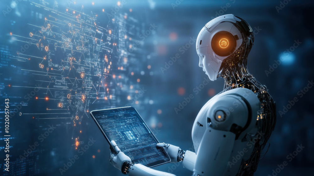 Poster robot writing notes as human reads from futuristic device, showcasing advanced technology and artifi