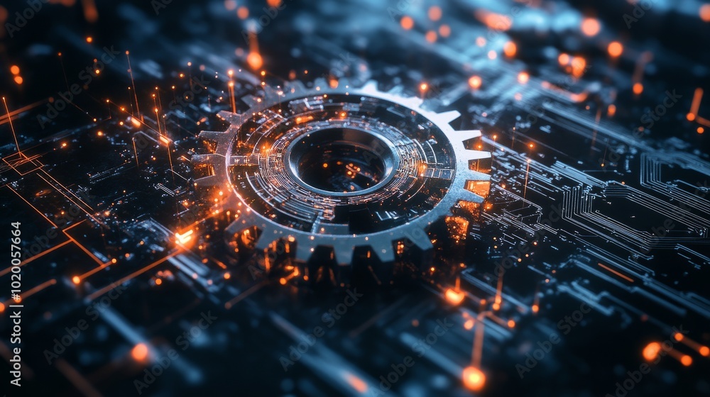 Poster mechanical gears surrounded by intricate circuit lines, representing the convergence of traditional 