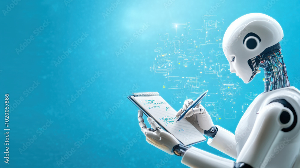 Poster robot writing notes while human reads from futuristic device, showcasing advanced technology and inn
