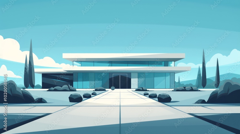 Poster futuristic building with front view and minimalist design