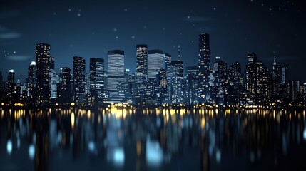 Fototapeta premium Night cityscape with tall buildings reflecting in water.