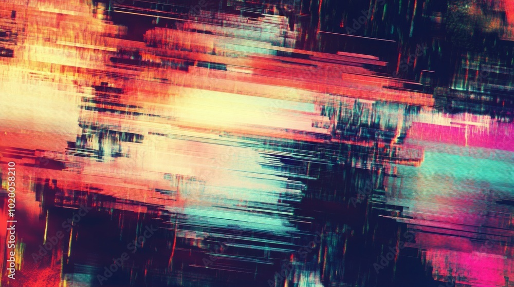 Poster exploring vibrant digital abstraction with glitch art motifs creating dynamic visual motion