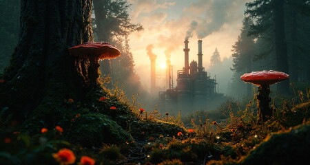 Obraz przedstawia magiczny dziewiczy las za którym wyłania się dymiąca fabryka. Widoczna jest zmiana w środowisku naturalnym. Obraz pokazują zagrożenie jakie niesie za sobą rozwój cywilizacji. © Roman Trojanowski