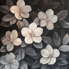 Obraz premium Six white flowers amidst dark leaves.