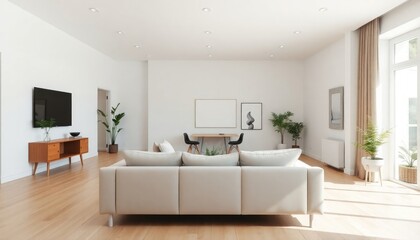 Modern Scandinavian living room with an open layout, featuring smooth white walls, light wood floors, and a large, plush sofa. The space is styled with a few potted plants and simple art pieces.