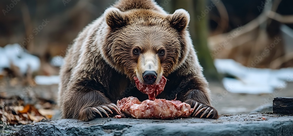 Wall mural a close-up view of a large brown bear with sharp claws eating a piece of raw meat.