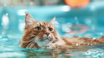 Cute Cat Enjoying Hydrotherapy in Shallow Pool
