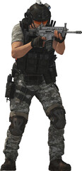 army soldier with goggles and rifle firing at the target terror attack assassination 3d render