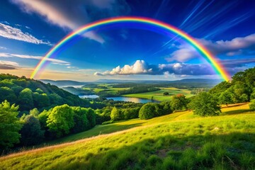 Obraz premium Vibrant Arch Rainbow Over Scenic Landscape with Lush Greenery and Clear Blue Sky Background