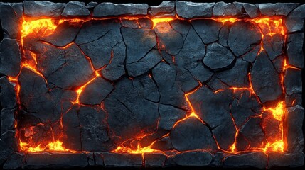 Glowing Lava Flowing Through Cracks in Dark Stone