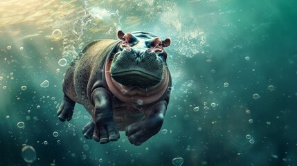 Hippo Diving into the Deep Water Underwater Scene