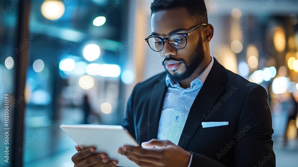 Poster professional man using tablet in modern setting