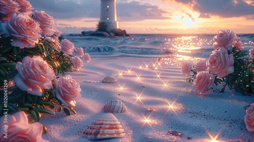 Poster roses and pink peonies grow on the beach, and a row of sparkling shells lead to an ancient lighthous