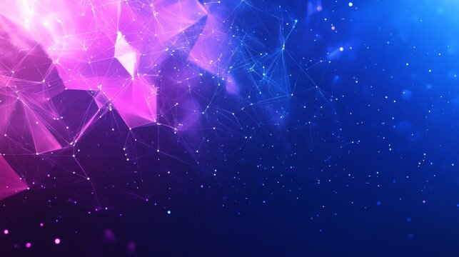 A stunning abstract display showcases a blend of purple and blue hues with interconnected shapes and glowing particles, creating a modern digital atmosphere