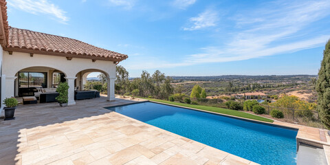 Fototapeta premium Stunning outdoor view of a luxury villa with swimming pool in a serene landscape