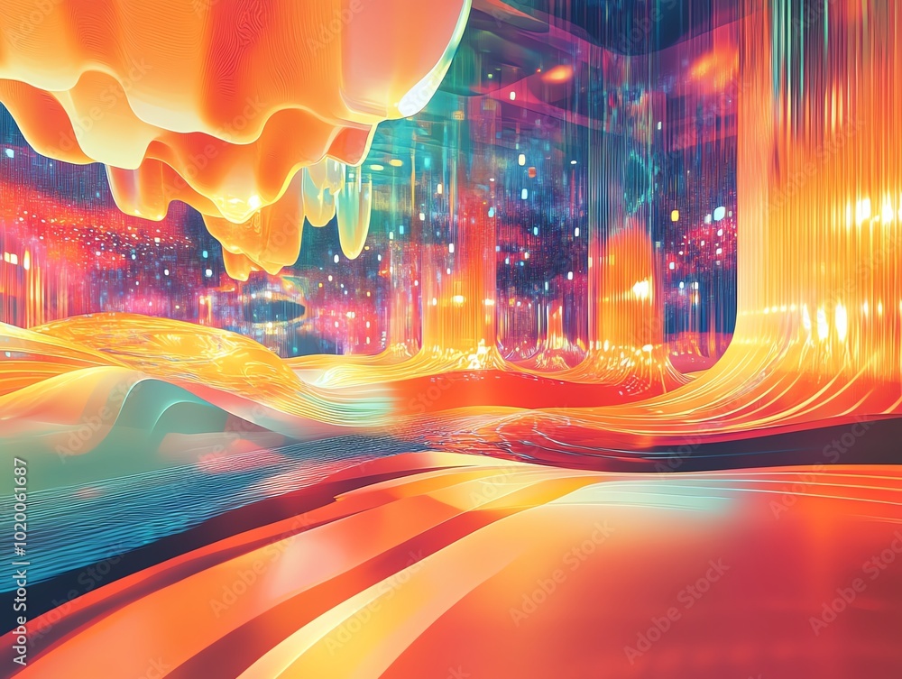 Poster A colorful abstract scene where 2D patterns interact with glowing, dynamic 3D shapes floating above