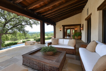 Fototapeta premium Cozy outdoor seating area with scenic views in a peaceful countryside setting during daytime