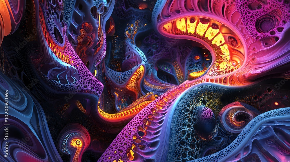 Poster A colorful mix of 2D abstract patterns blending seamlessly into glowing 3D shapes in a surreal, futuristic space