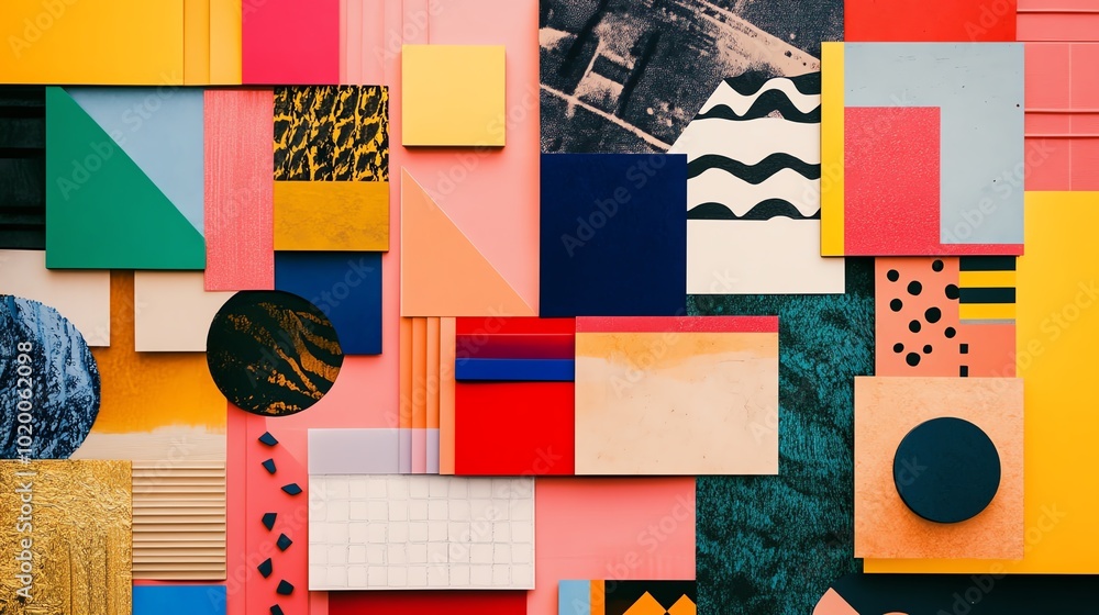 Poster a colorful mood board with a variety of textures, patterns, and typography samples, arranged neatly 
