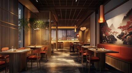 Modern, Japanese-style restaurant interior with red booths.