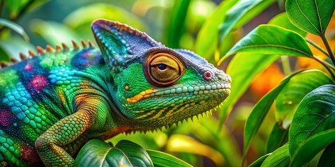 Obraz premium Vibrant Chameleon Blending into Lush Greenery in a Tropical Environment with Colorful Patterns