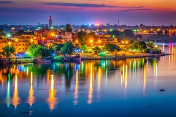 Vibrant Cityscape of Niamey at Dusk with Colorful Lights and Reflections on the Niger River