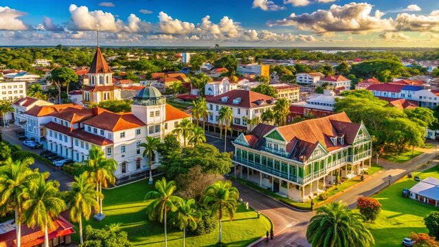 Vibrant Cityscape of Paramaribo, Suriname Showcasing Colonial Architecture and Lush Greenery