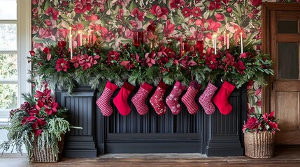 Fototapeta premium A beautifully designed holiday mantel featuring a striking combination of red and black decor elements including and candles creating a cozy and elegant festive atmosphere