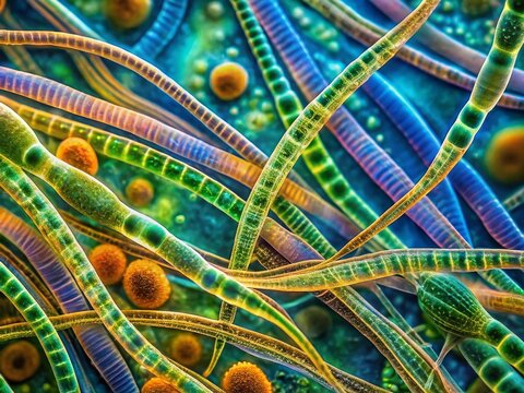 Vibrant Cyanobacteria Oscillatoria Under Microscope Showing Unique Filamentous Structure and Coloration